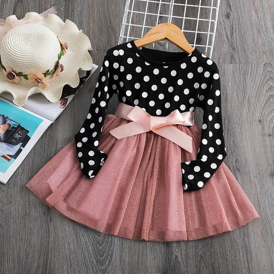 2023 Long Sleeve Dress For Girl Polka Dot Bow Kid Clothes 2 3 4 5 6 Year Baby Tutu Birthday Outfit Party Wear Summer Dress Cloth