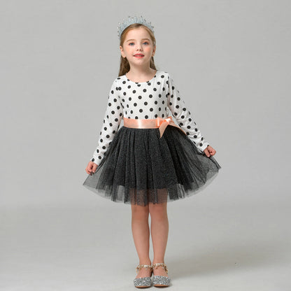 2023 Long Sleeve Dress For Girl Polka Dot Bow Kid Clothes 2 3 4 5 6 Year Baby Tutu Birthday Outfit Party Wear Summer Dress Cloth