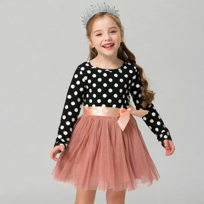 2023 Long Sleeve Dress For Girl Polka Dot Bow Kid Clothes 2 3 4 5 6 Year Baby Tutu Birthday Outfit Party Wear Summer Dress Cloth