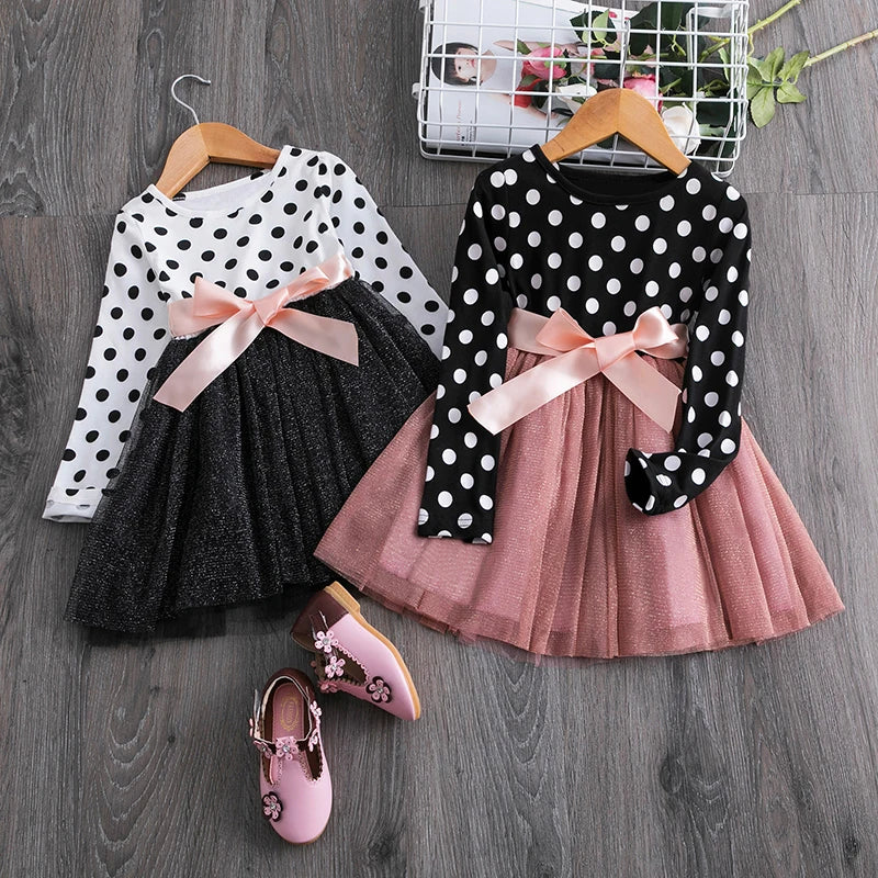 2023 Long Sleeve Dress For Girl Polka Dot Bow Kid Clothes 2 3 4 5 6 Year Baby Tutu Birthday Outfit Party Wear Summer Dress Cloth