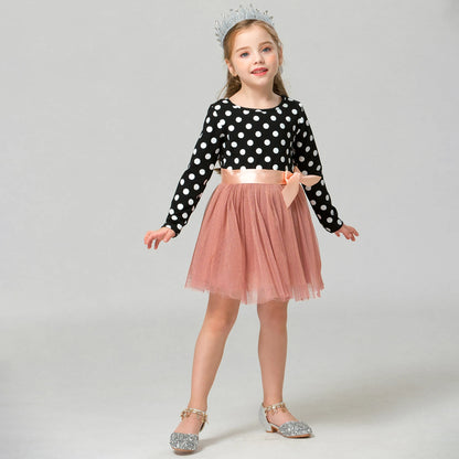 2023 Long Sleeve Dress For Girl Polka Dot Bow Kid Clothes 2 3 4 5 6 Year Baby Tutu Birthday Outfit Party Wear Summer Dress Cloth