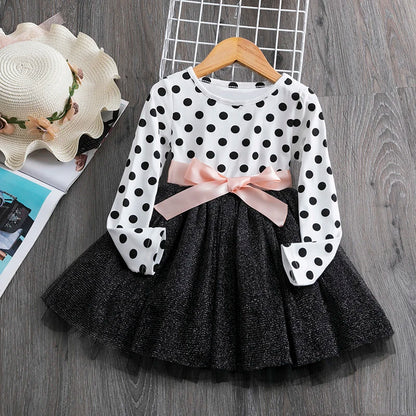 2023 Long Sleeve Dress For Girl Polka Dot Bow Kid Clothes 2 3 4 5 6 Year Baby Tutu Birthday Outfit Party Wear Summer Dress Cloth